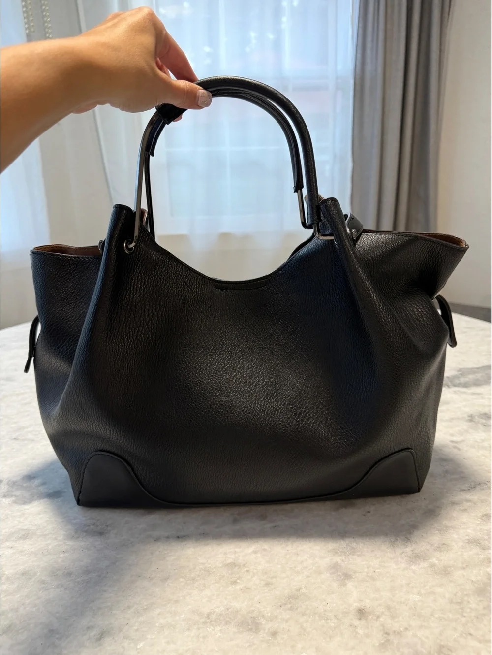 Sondra Roberts Black/Brown Pebbled Satchel Zip Top Handle Pockets Gunmetal